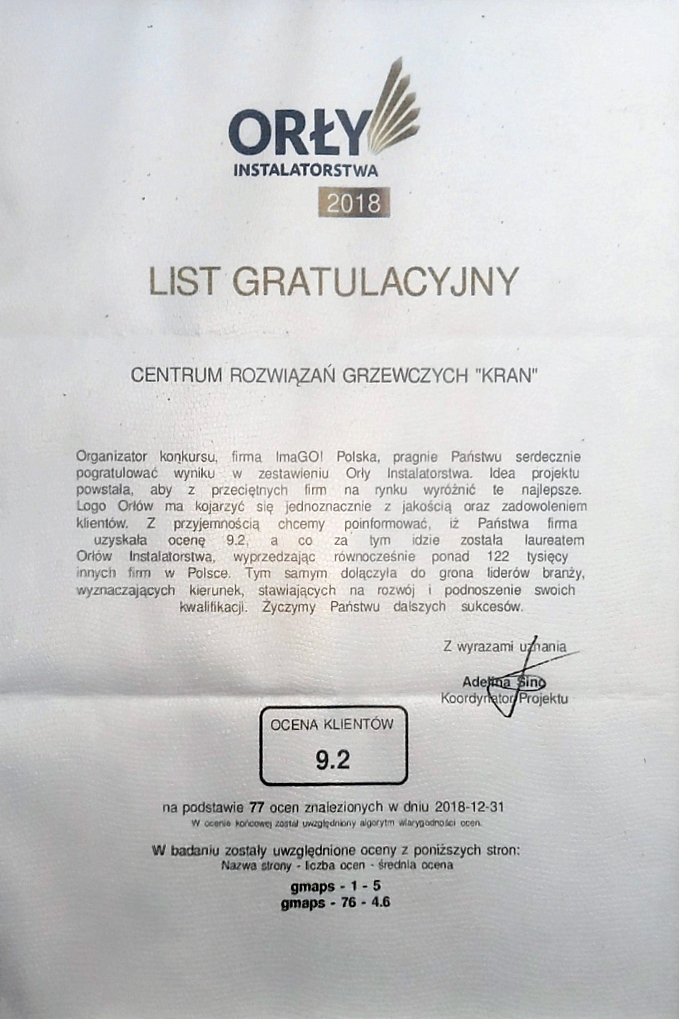 Skan listu gratulacyjnego dla firmy instalacyjnej z Tychów, nagrodzonej tytułem Orły Instalatorstwa 2018, z oceną klientów 9.2 na podstawie 77 ocen.