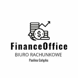 Logo biura rachunkowego FinanceOffice z ikoną stosu monet z dolarem i strzałką wzrostu, nazwa firmy i imię właścicielki Pauliny Gałązki.