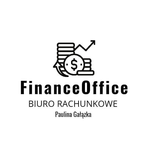 Logo biura rachunkowego FinanceOffice z ikoną stosu monet z dolarem i strzałką wzrostu, nazwa firmy i imię właścicielki Pauliny Gałązki.