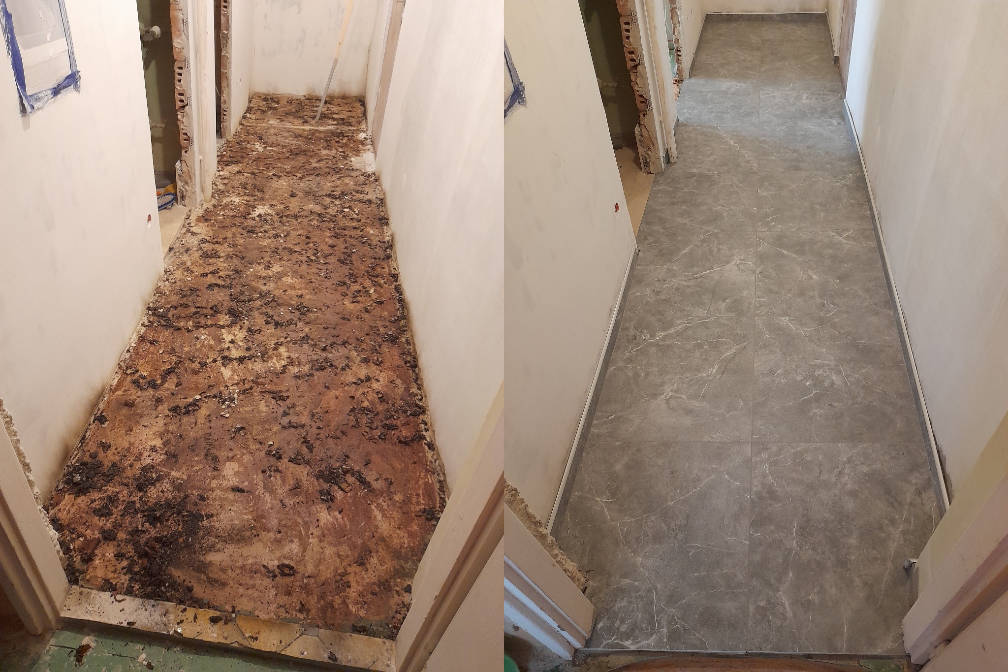 Korytarz, w trakcie remontu i po ułożeniu płytek gresowych.