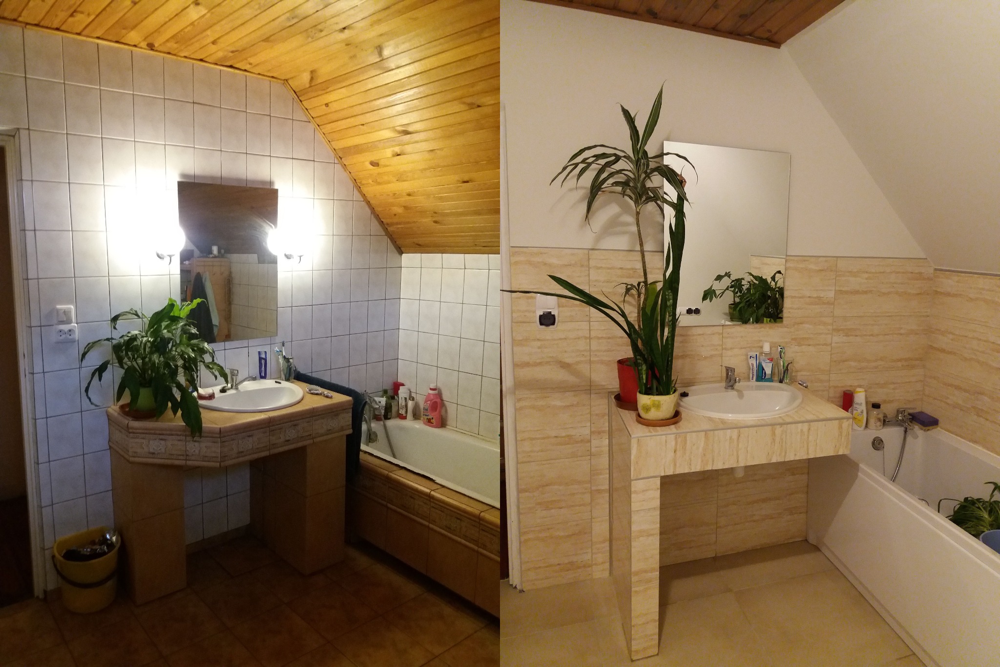Porównanie łazienki przed remontem z drewnianym sufitem i starymi płytkami oraz po remoncie z jasnymi płytkami, nową armaturą i roślinami doniczkowymi.