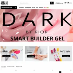 Strona internetowa sklepu z produktami do stylizacji paznokci, prezentująca żel budujący marki Rior z dużym napisem DARK, oraz oferta lamp LED, frezów i baz z rabatem.