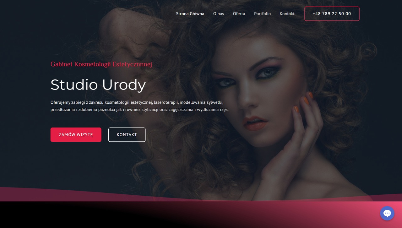 Strona internetowa salonu urody z wizerunkiem modelki, oferująca zabiegi kosmetologii estetycznej, laseroterapii, modelowania sylwetki, stylizacji paznokci i rzęs.