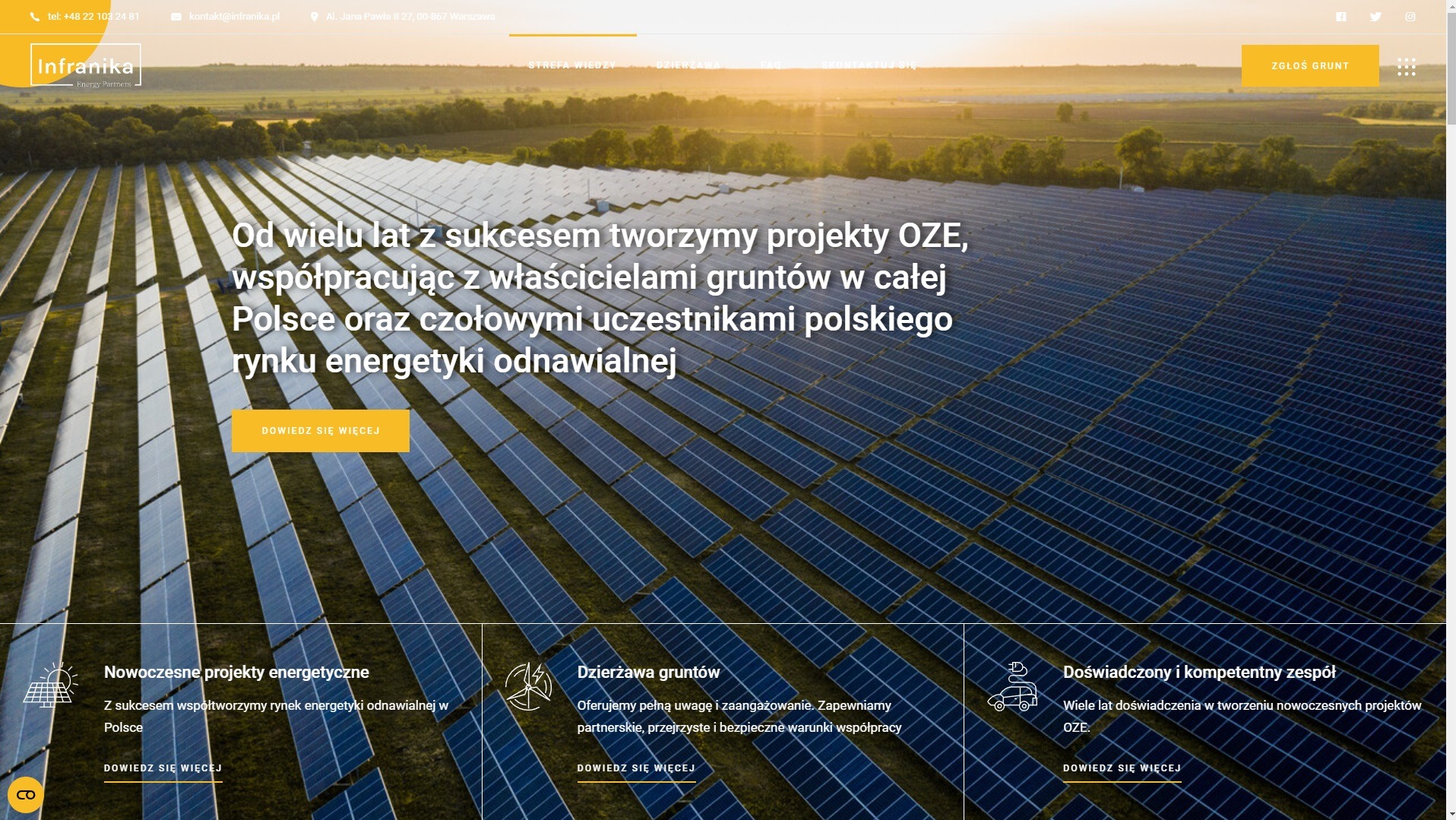 Strona internetowa firmy Infranika prezentująca rozległą farmę paneli fotowoltaicznych w krajobrazie oświetlonym zachodzącym słońcem, z tekstem o projektach OZE i przyciskami 'Dowiedz się więcej'.