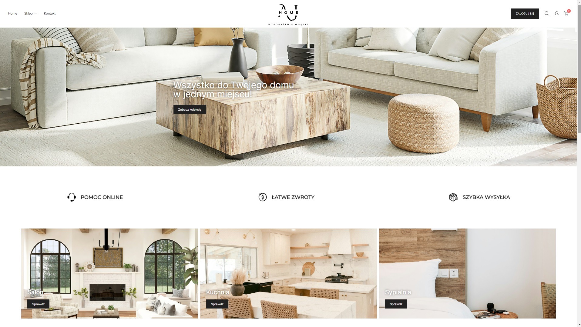 Strona internetowa sklepu z wyposażeniem wnętrz prezentująca sofy, pufy, stoliki kawowe i inne elementy dekoracyjne w jasnej tonacji.