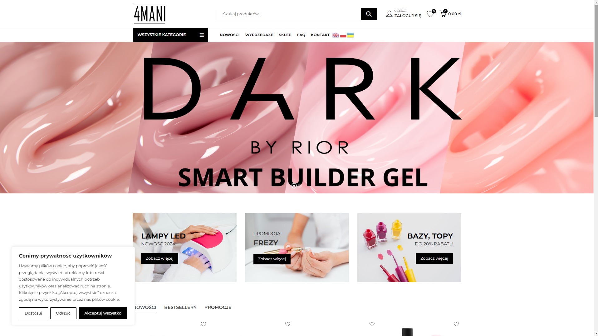 Strona internetowa sklepu z produktami do stylizacji paznokci, prezentująca żel budujący marki Rior z dużym napisem DARK, oraz oferta lamp LED, frezów i baz z rabatem.