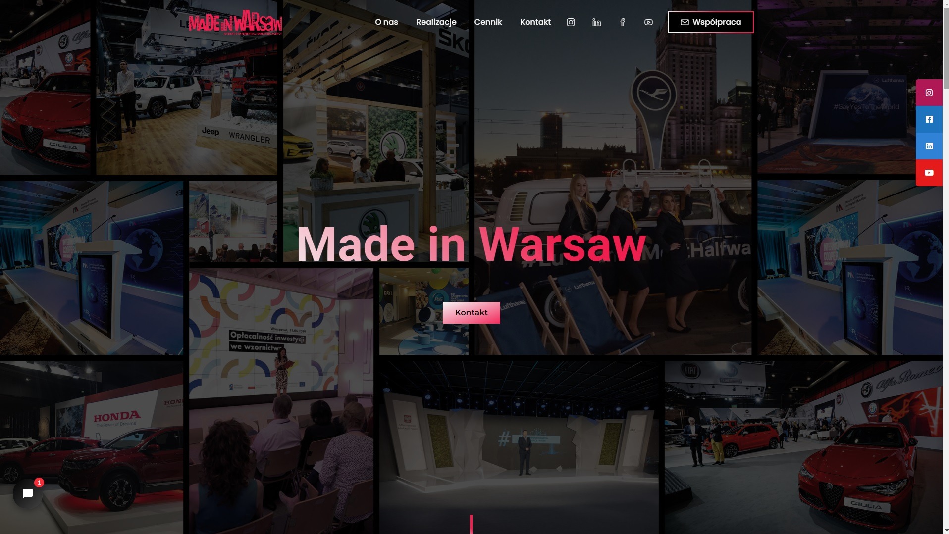 Mozaika zdjęć z realizacji projektów, w tym stoiska targowe z samochodami Alfa Romeo i Jeep, scena konferencyjna, stoisko Skoda, i inne ekspozycje. Na środku napis 'Made in Warsaw'.