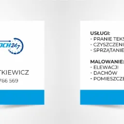 Dwustronna wizytówka firmy sprzątającej i malarskiej z logo „CZYŚCIOCH 24/7”, imieniem Borys Pietkiewicz i numerem telefonu, wymieniająca usługi prania tekstyliów, czyszczenia technicznego...
