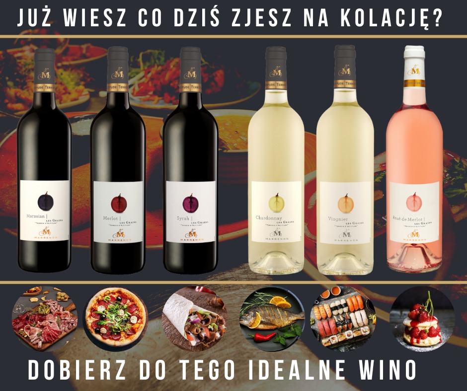 Kompozycja sześciu butelek wina (czerwone, białe, różowe) różnych szczepów, zestawionych z propozycjami dań na kolację: wędliny, pizza, kebab, ryba, sushi, deser truskawkowy.