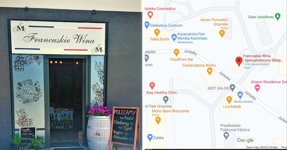 Wejście do sklepu 'Francuskie Wina' z dekoracjami winnymi na szybach, beczka z kwiatami przed wejściem i tablica z polecanymi winami, obok fragment mapy Google z lokalizacją sklepu.
