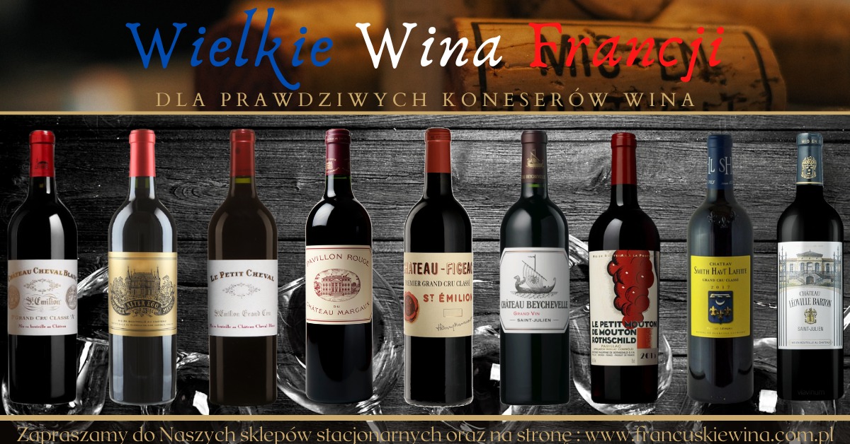 Siedem butelek czerwonego wina francuskiego różnych marek z etykietami, ustawionych na tle ciemnego, drewnianego panelu z efektem lodu, pod hasłem 'Wielkie Wina Francji'.