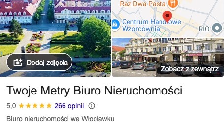 Zdjęcie z Google Maps prezentujące Biuro Nieruchomości 'Twoje Metry' we Włocławku, z widokiem na okoliczny park i budynki. Widoczny fragment mapy z lokalizacją.