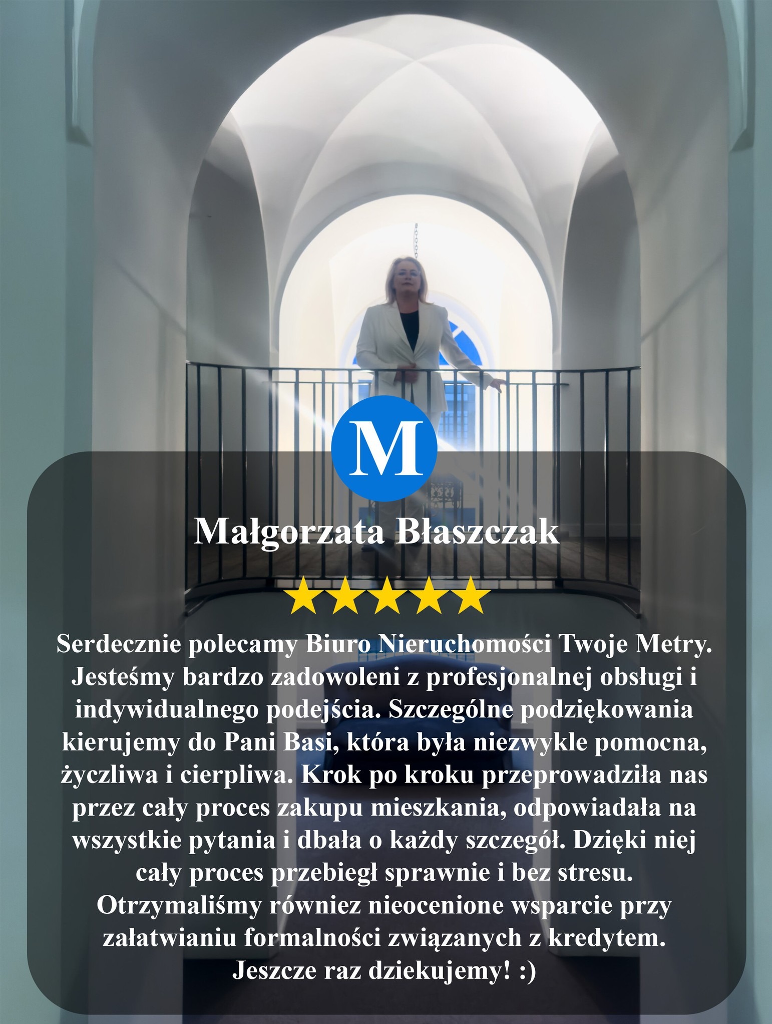 Grafika z logiem i imieniem Małgorzaty Błaszczak, rekomendacją Biura Nieruchomości Twoje Metry, pięcioma gwiazdkami i tekstem z podziękowaniami za zakup mieszkania.