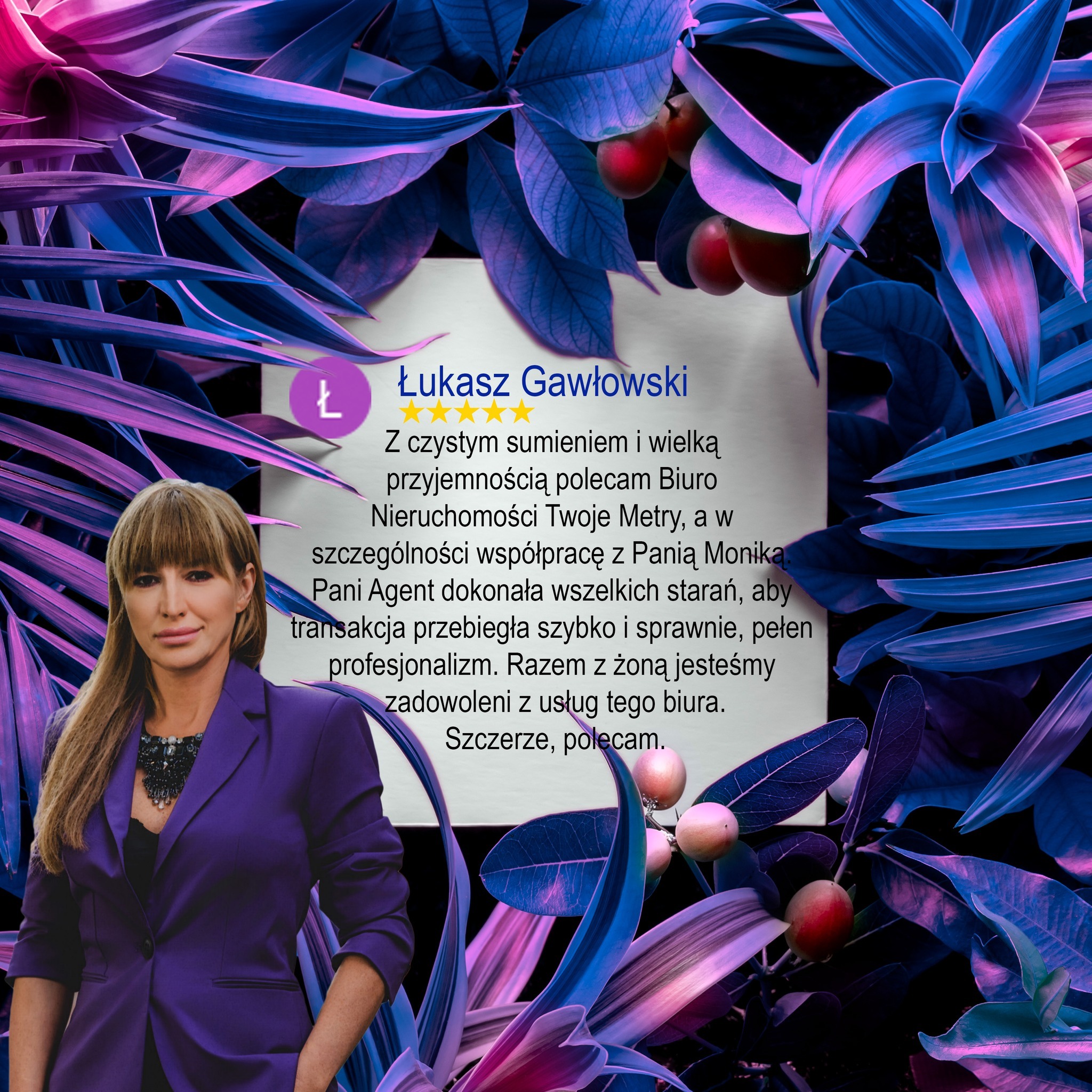 Kobieta w fioletowej marynarce na tle tropikalnych liści prezentuje referencje od Łukasza Gawłowskiego dla biura nieruchomości Twoje Metry, podkreślające profesjonalizm.