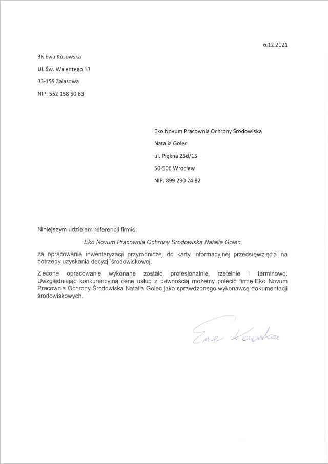 Skan referencji dla firmy Eko Novum Pracownia Ochrony Środowiska Natalia Golec, za inwentaryzację przyrodniczą.