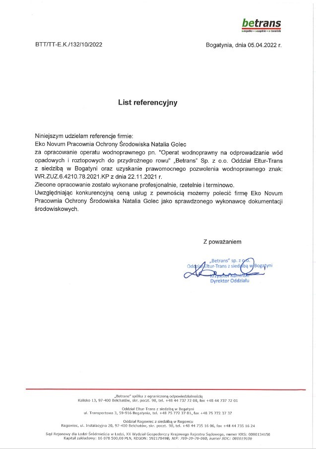Skan listu referencyjnego dla Eko Novum Pracownia Ochrony Środowiska Natalia Golec, dotyczącego opracowania operatu wodnoprawnego dla Betrans Sp. z o.o., z datą 05.04.2022, zawierający podpis...