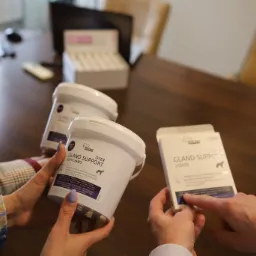 Prezentacja opakowań suplementów dla psów: plastikowe wiaderko z napisem 'Gland Support Soft Chews' trzymane przez kobietę w kwiecistej bluzce i pudełko z napisem 'Gland Support Liquid' wskazywane...