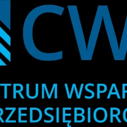 Logo Centrum Wsparcia Przedsiębiorcy (CWP) z symbolem dłoni w niebieskich odcieniach na czarnym tle.