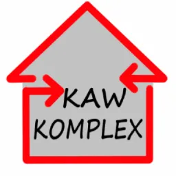 Logo firmy KAW KOMPLEX w kształcie domu z czerwoną obwódką i strzałkami skierowanymi do środka.