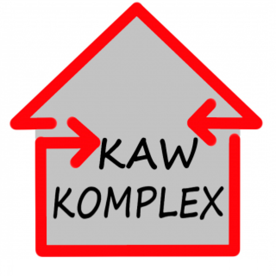 Logo firmy KAW KOMPLEX w kształcie domu z czerwoną obwódką i strzałkami skierowanymi do środka.