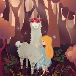 Ilustracja cyfrowa przedstawiająca dziewczynkę w lesie dotykającą lamę z wiankiem na głowie, w otoczeniu motyli i roślinności.