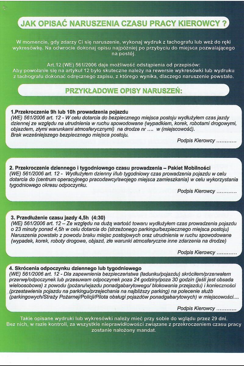 Ilustracja informacyjna z przykładami opisów naruszeń czasu pracy kierowcy, zawierająca fragmenty przepisów prawnych i przykładowe uzasadnienia przekroczeń, mająca na celu edukację i zapobieganie...