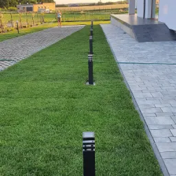 Rząd czarnych lamp ogrodowych solarnych wzdłuż trawnika, z kostką brukową po obu stronach, oświetlających ścieżkę i dom w tle, kobieta podlewa ogród w oddali.