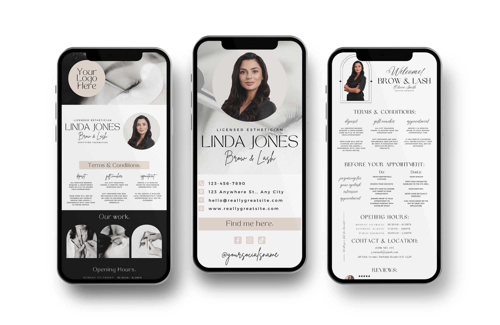 Zestaw trzech mockupów telefonów prezentujących projekt identyfikacji wizualnej salonu kosmetycznego z logo, danymi kontaktowymi, warunkami rezerwacji i portfolio zabiegów na brwi i rzęsy.