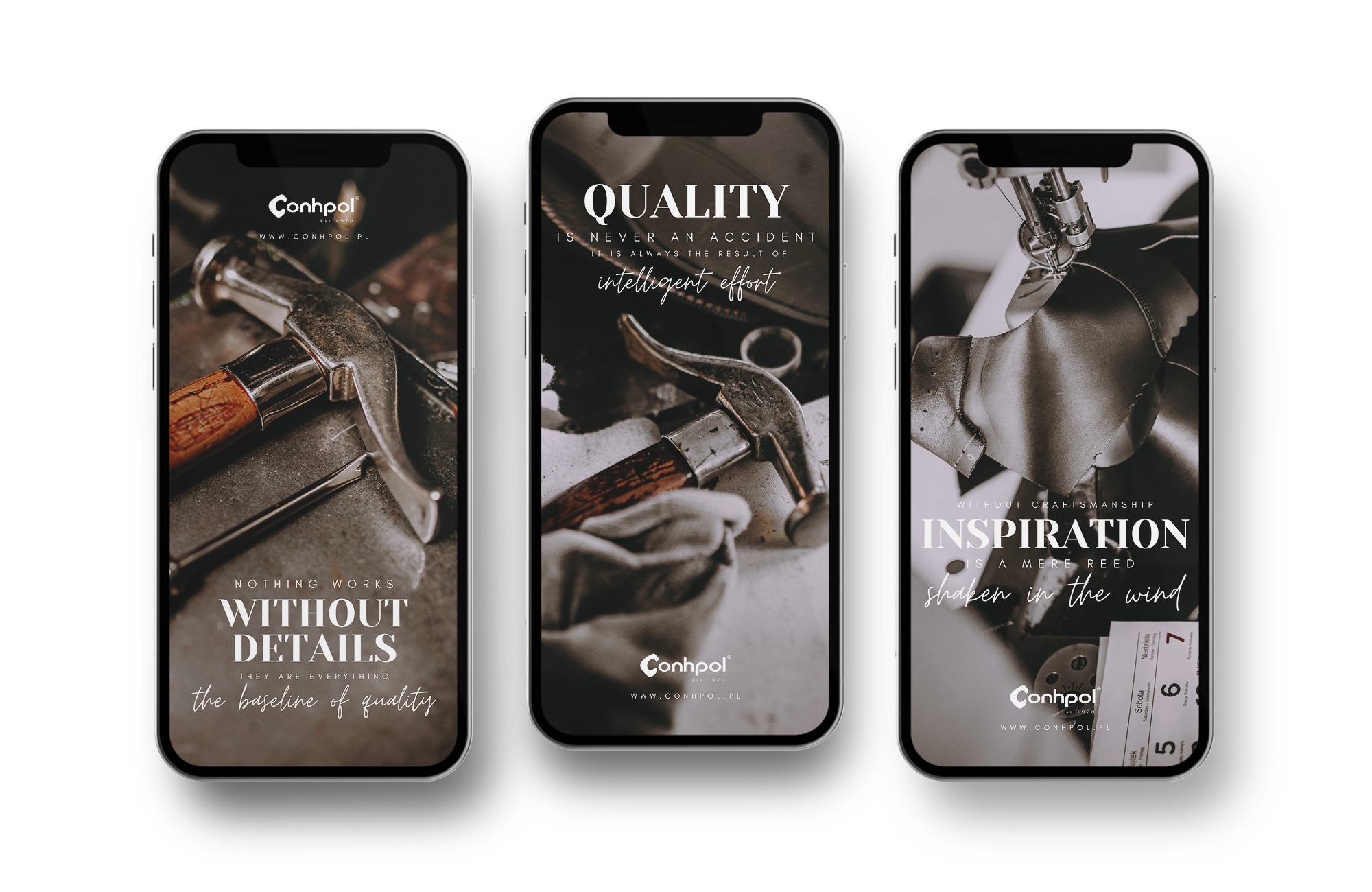 Trzy telefony z aplikacją firmy Conhpol prezentującą hasła: 'Nothing works without details', 'Quality is never an accident' i 'Inspiration is a mere reed shaken in the wind', obok narzędzia...