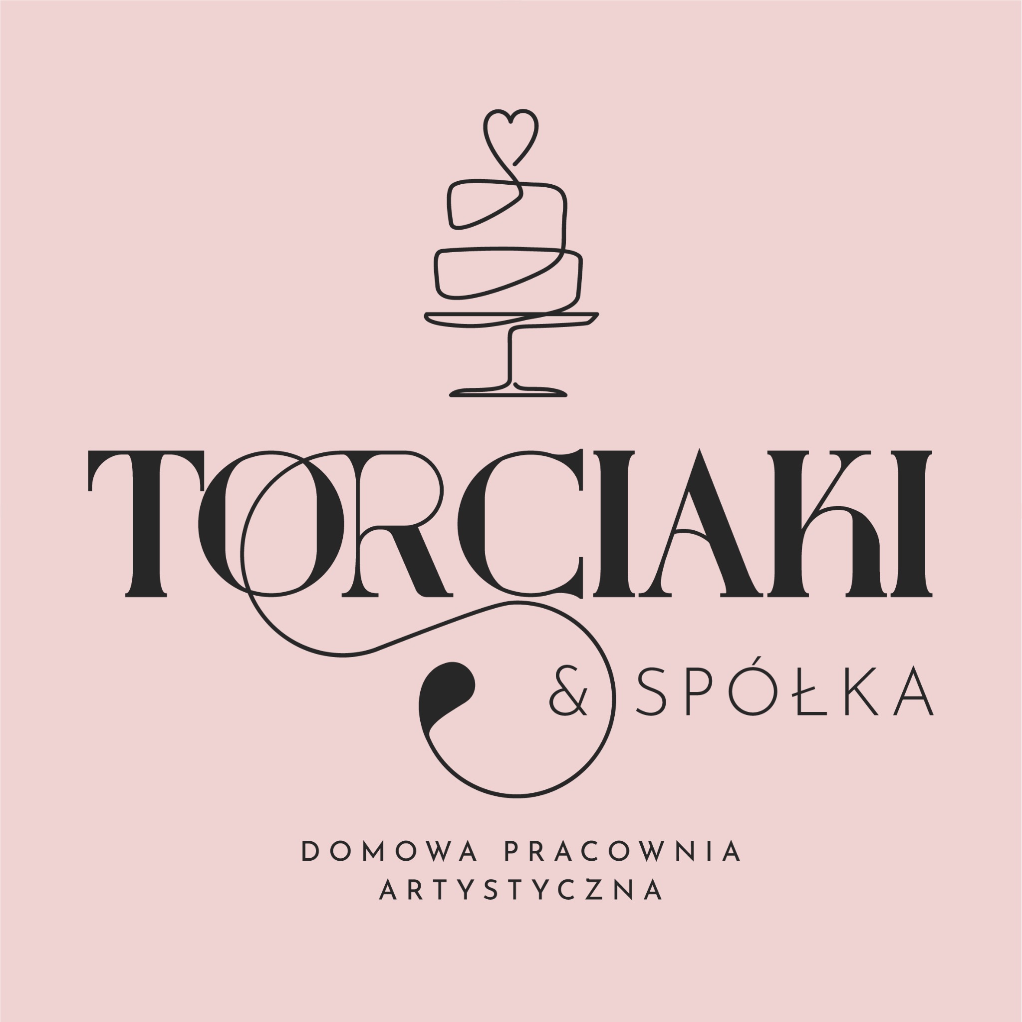 Eleganckie logo firmy cukierniczej Torciaki & Spółka z rysunkiem tortu zwieńczonego sercem na pudrowo różowym tle, napisane ozdobną czcionką.