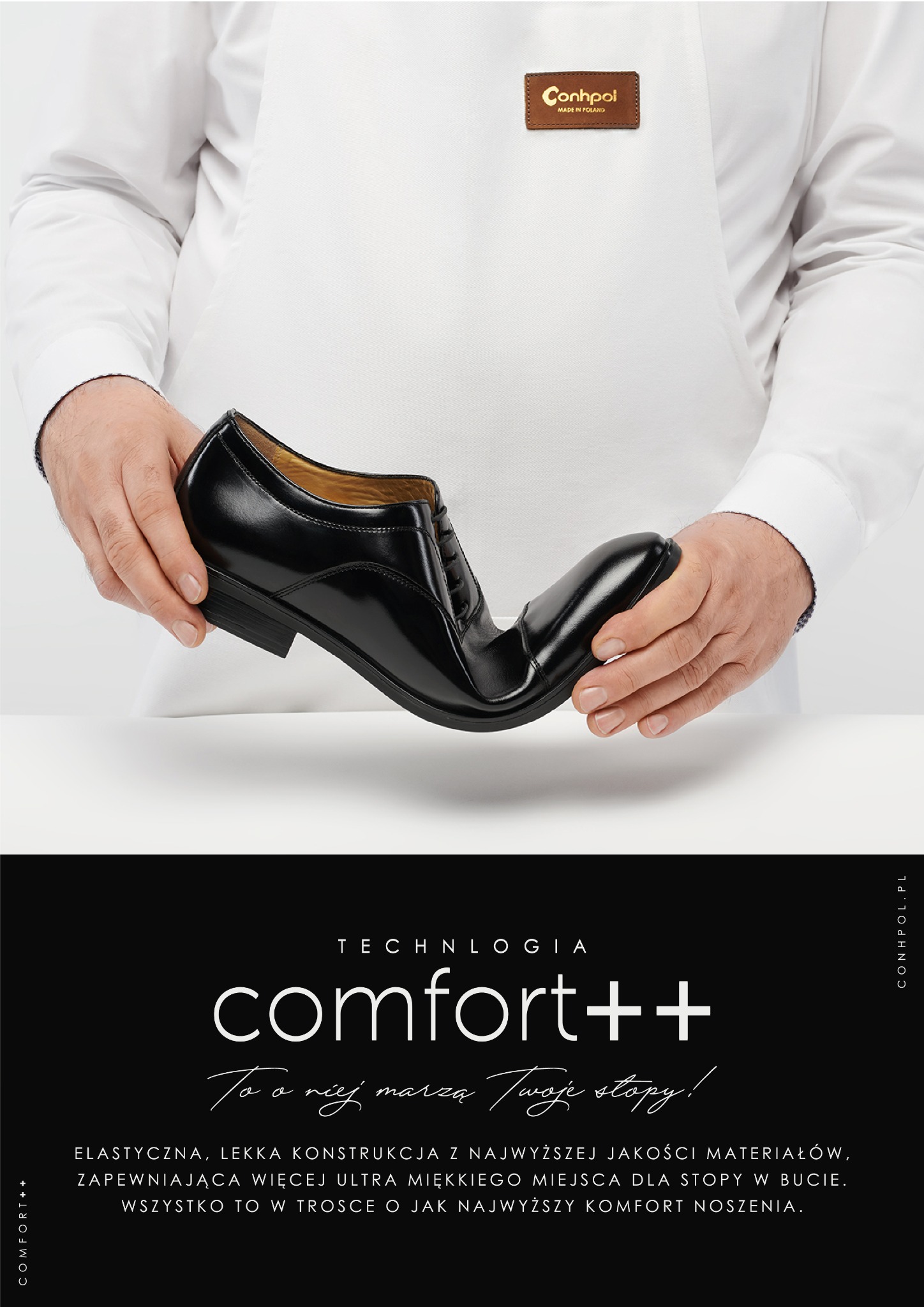 Prezentacja elastyczności czarnego, skórzanego buta męskiego, zaginanego w dłoniach osoby ubranej w biały fartuch z logo producenta Conhpol.