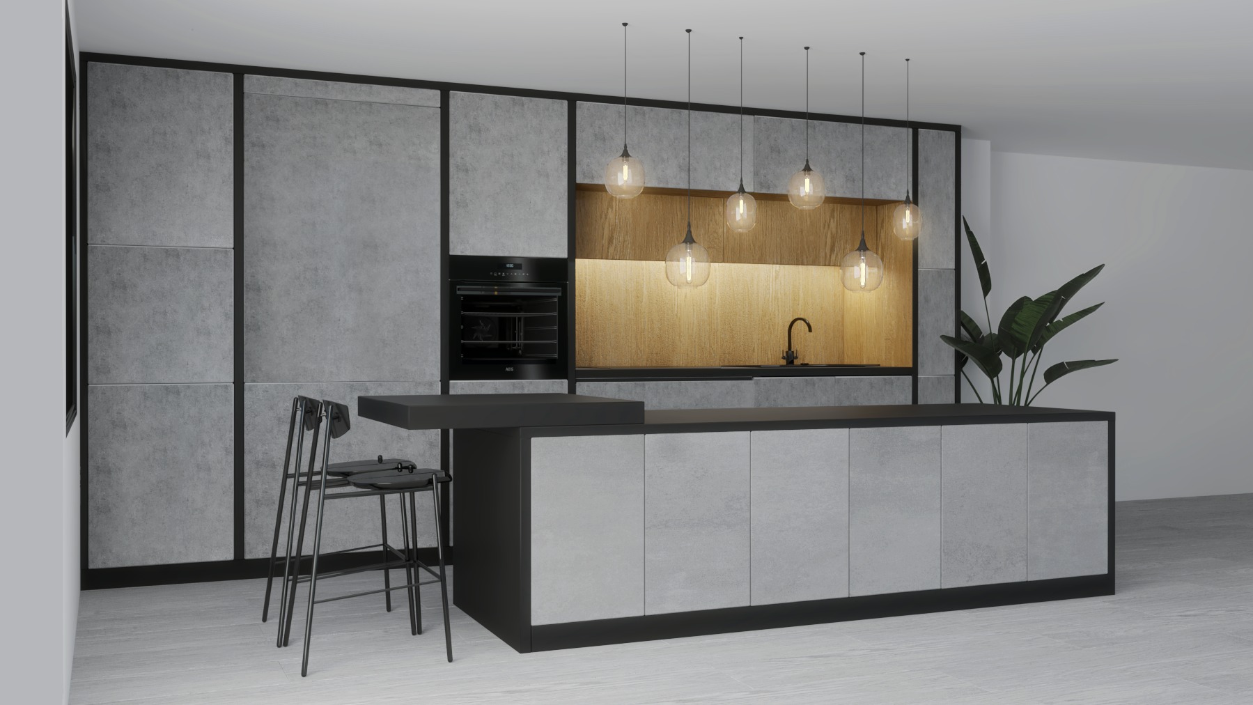 Wizualizacja nowoczesnej kuchni z szarymi frontami i drewnianym panelem nad blatem, oświetlona wiszącymi lampami z żarówkami Edisona, z czarnym barkiem i hokerami oraz rośliną doniczkową.