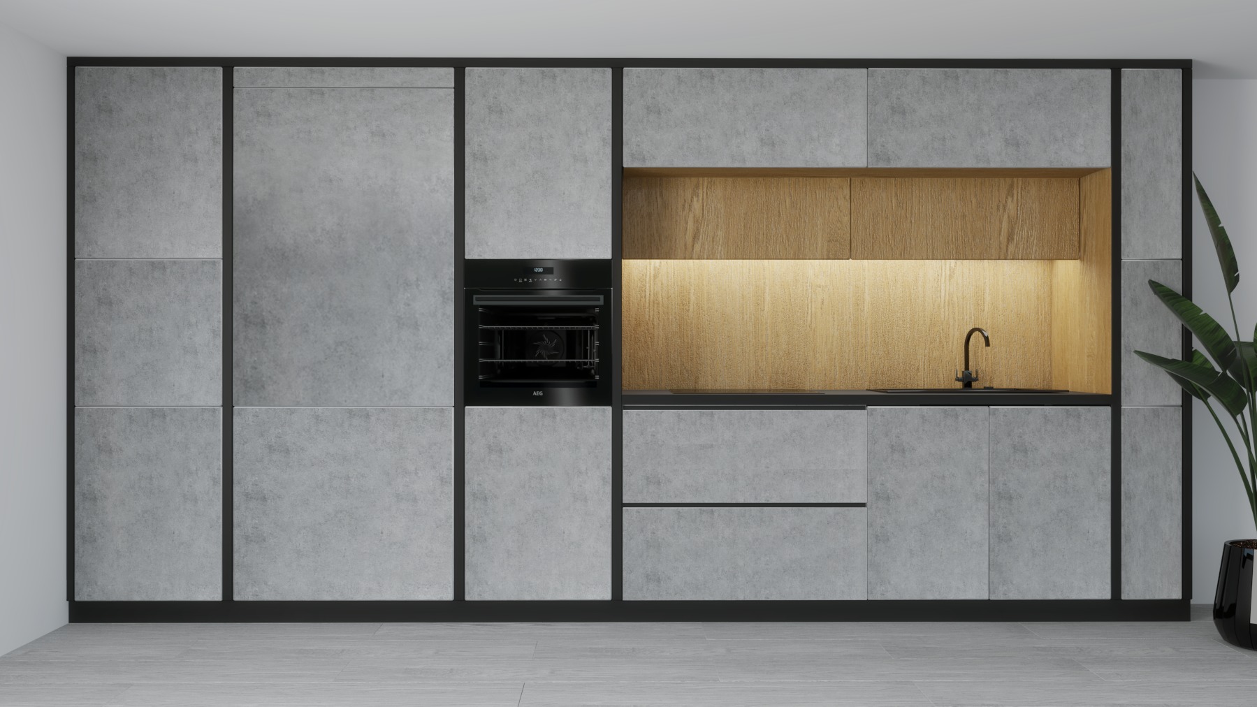 Minimalistyczna kuchnia z szarymi frontami szafek o teksturze betonu, czarnymi ramami i drewnianym wnętrzem szafek górnych, oświetlonym ciepłym światłem.