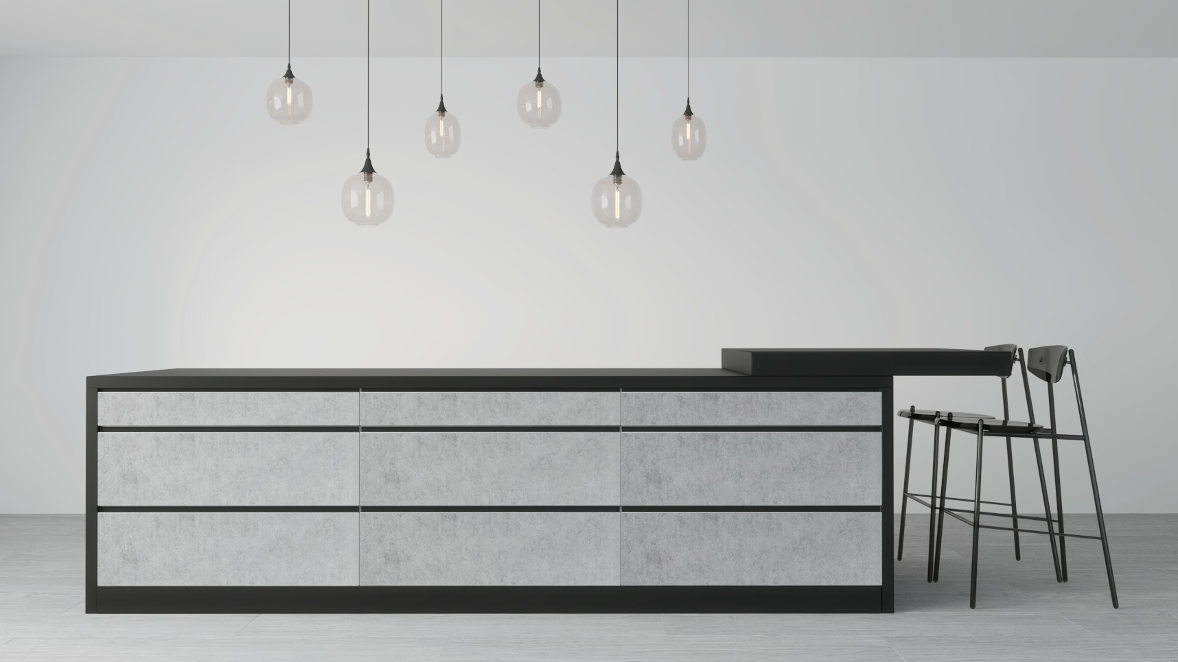 Wizualizacja minimalistycznej kuchni z szarą wyspą i czarnymi hokerami pod wiszącymi szklanymi lampami z żarówkami Edisona.