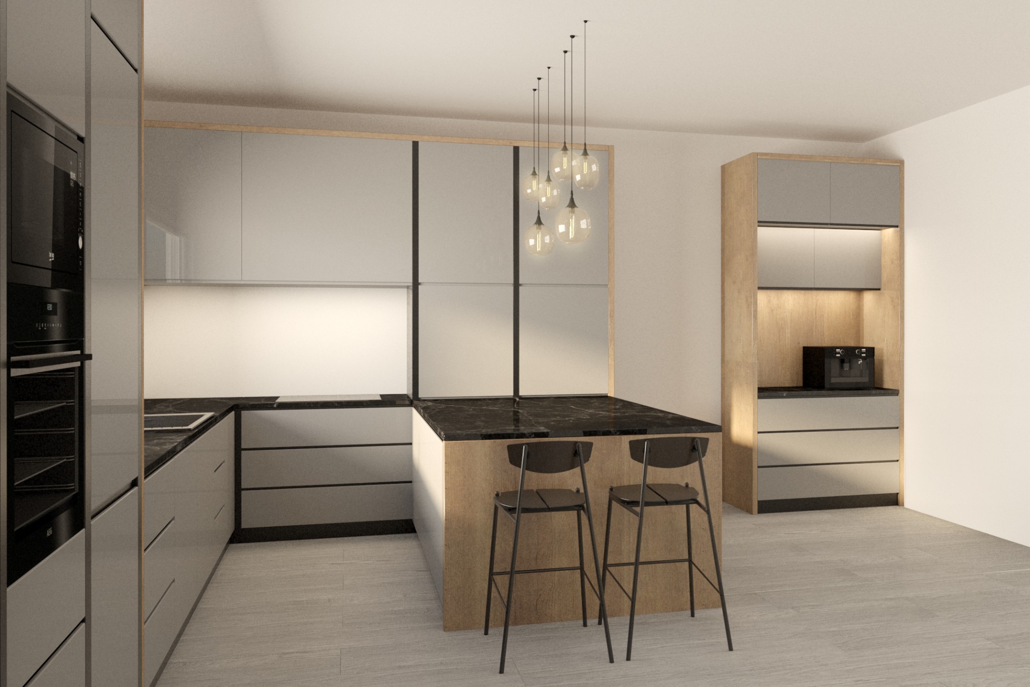 Wizualizacja nowoczesnej kuchni z wyspą i hokerami, szare fronty szafek, czarny blat, designerskie oświetlenie wiszące.