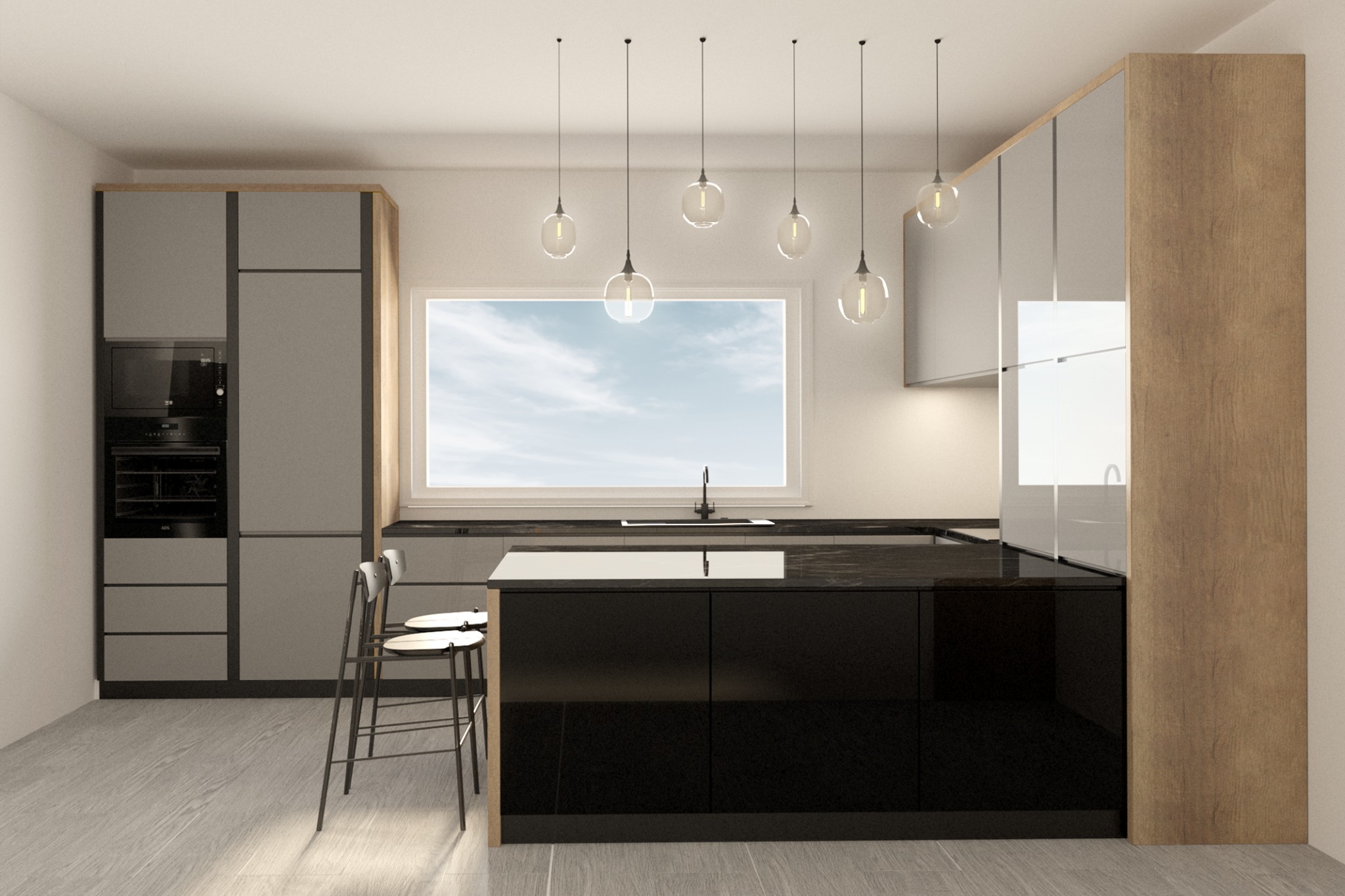 Wizualizacja nowoczesnej kuchni z czarną wyspą, szarymi szafkami i wiszącymi lampami nad wyspą, widok z perspektywy podłogi.