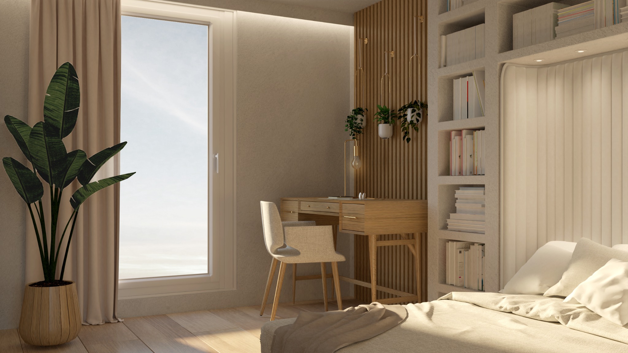 Beżowa sypialnia z biurkiem, krzesłem, roślinami doniczkowymi i regałem na książki w minimalistycznym stylu, oświetlona naturalnym światłem z okna.