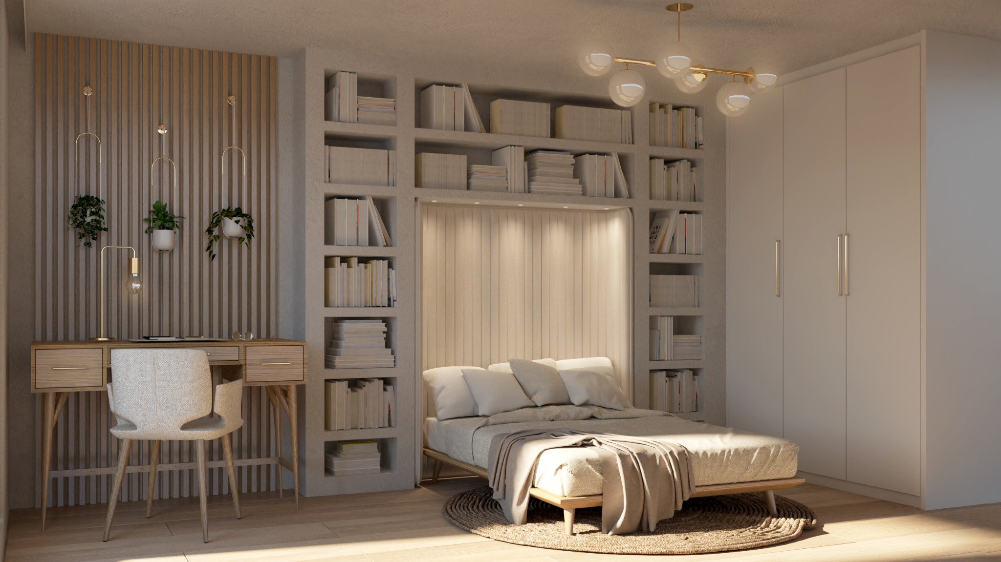 Jasne wnętrze pokoju z biurkiem, łóżkiem schowanym w zabudowie regału z książkami i dużą szafą, oświetlone lampą wiszącą z kulistymi kloszami i lampką biurkową z żarówką Edisona.