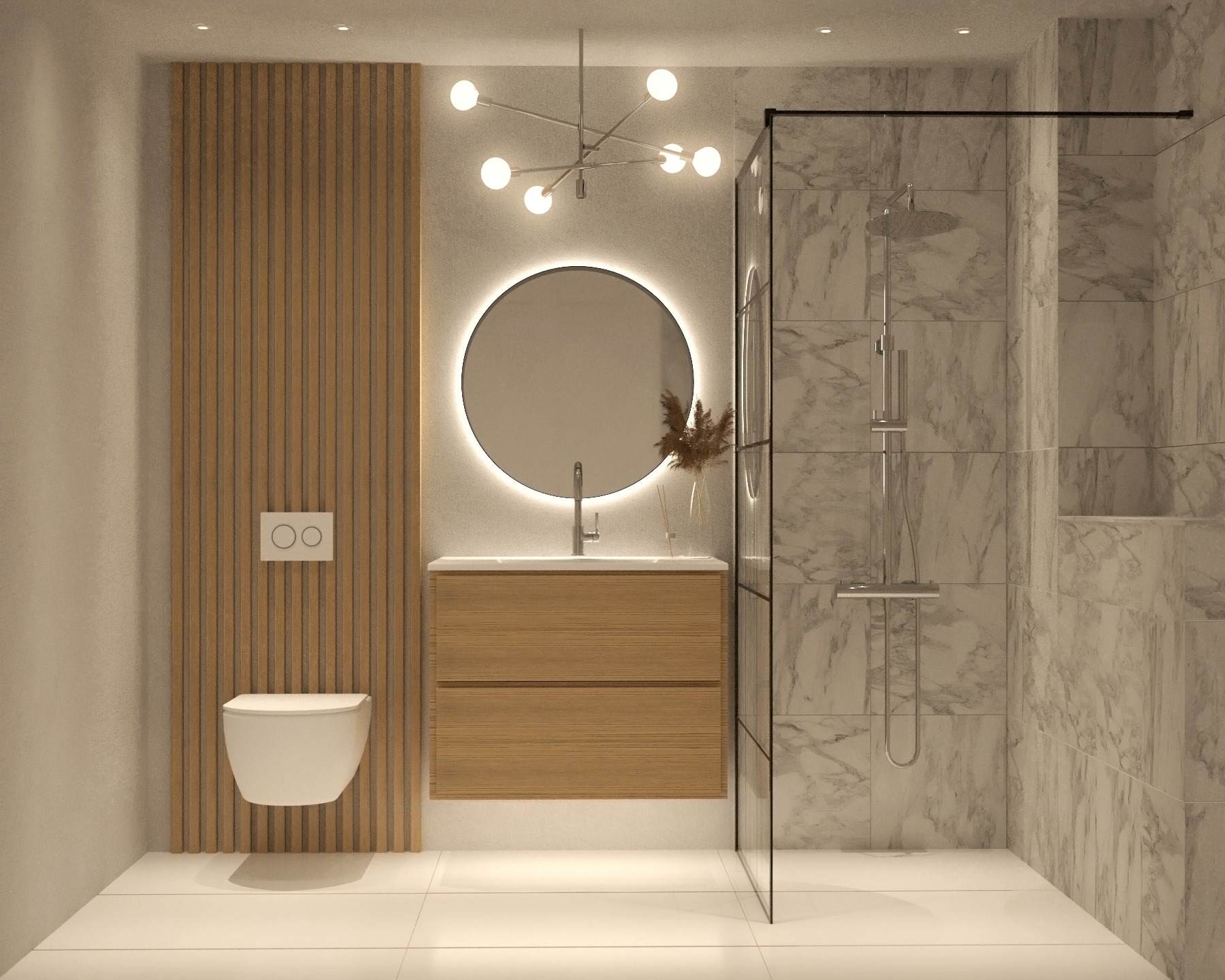 Wizualizacja nowoczesnej łazienki z podświetlanym lustrem, drewnianą szafką pod umywalką, marmurowymi płytkami i kabiną prysznicową walk-in z czarnymi ramami.