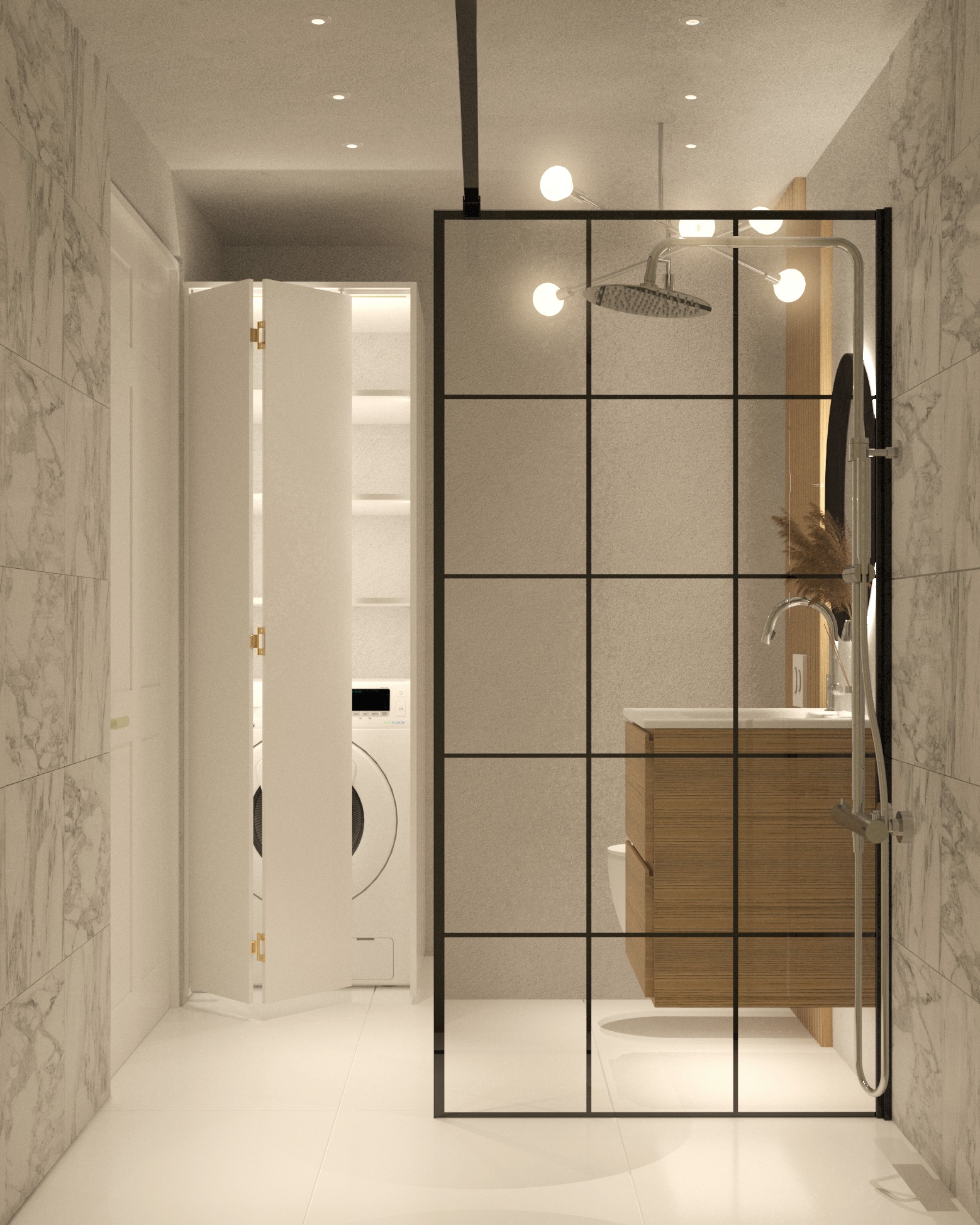 Nowoczesna łazienka z kabiną prysznicową typu walk-in z czarnymi szprosami, drewnianą szafką pod umywalką i pralką ukrytą za składanymi drzwiami.