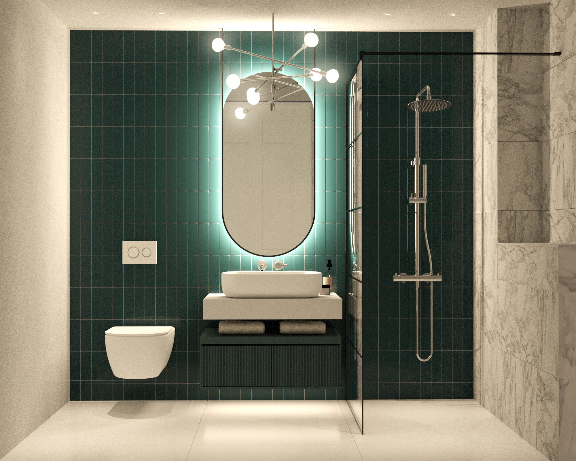 Wizualizacja nowoczesnej łazienki w Topolinku z ciemnozielonymi płytkami, podświetlanym lustrem i minimalistyczną armaturą, prezentująca kabinę prysznicową z marmurowym wykończeniem.