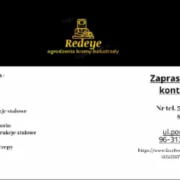 Grafika reklamowa firmy Redeye, oferującej usługi spawalnicze i piaskowania konstrukcji stalowych, w tym bram, przęseł, furtek i balustrad, z podanym numerem telefonu i adresem.