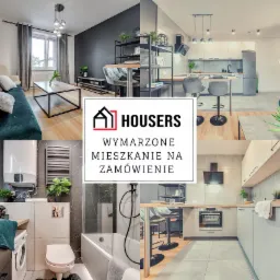 Kolaż przedstawiający aranżacje wnętrz: salon z zieloną sofą, kuchnia z wyspą, łazienka z wanną i pralką, całość w stonowanej kolorystyce i nowoczesnym stylu, w centrum logo firmy Housers i napis...