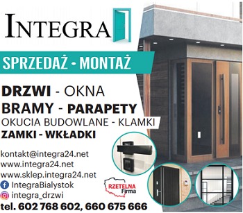 Reklama firmy Integra oferującej sprzedaż i montaż drzwi, okien, bram i parapetów, z widocznymi adresami internetowymi i numerami telefonów kontaktowych, logo firmy z otwartymi drzwiami w kolorze...