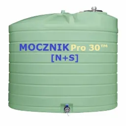 Zielony zbiornik na ciecz z napisem 'MOCZNIK Pro 30 [N+S]' na białym tle.