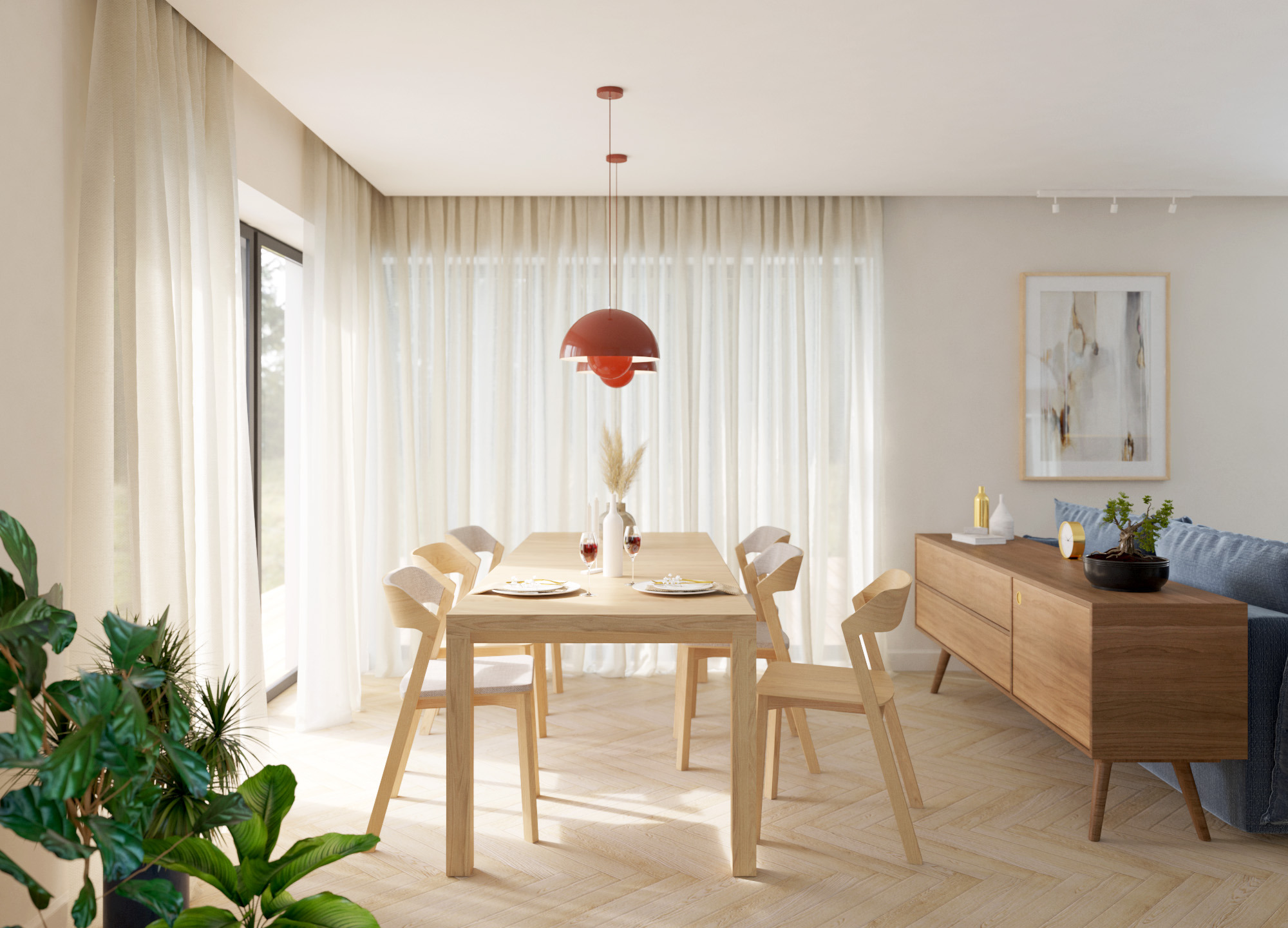 Jasna jadalnia z drewnianym stołem, krzesłami i parkietem ułożonym w jodełkę; czerwona lampa wisząca nad stołem, rośliny doniczkowe w rogu, komoda z dekoracjami na tle okna z przejrzystymi zasłonami.