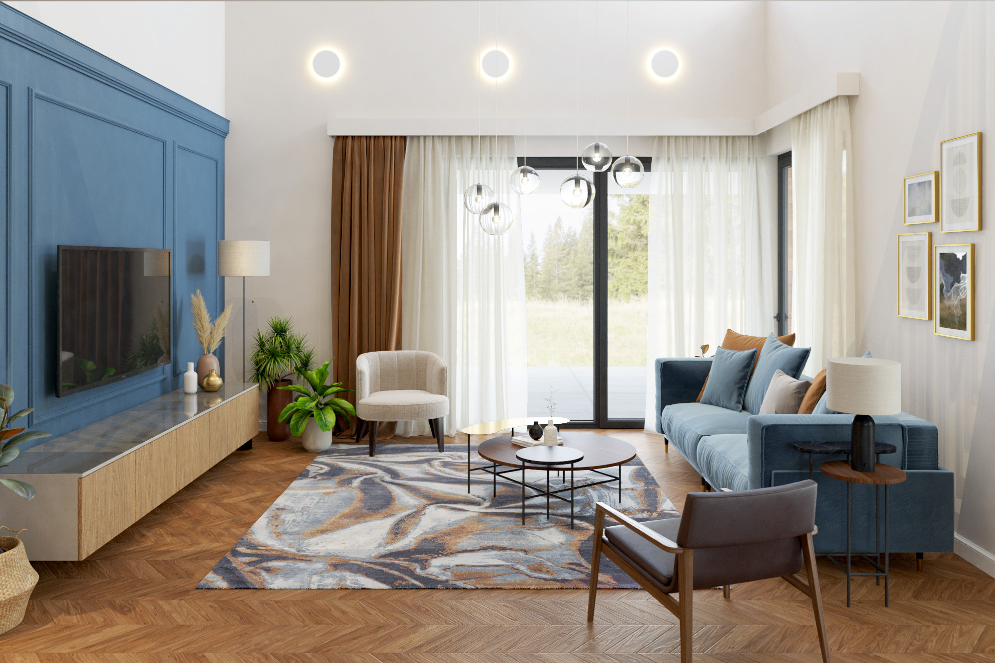 Wnętrze salonu z niebieską ścianą akcentującą, drewnianą podłogą w jodełkę, turkusową sofą i dywanem w abstrakcyjne wzory, oświetlone naturalnym światłem z dużego okna balkonowego.