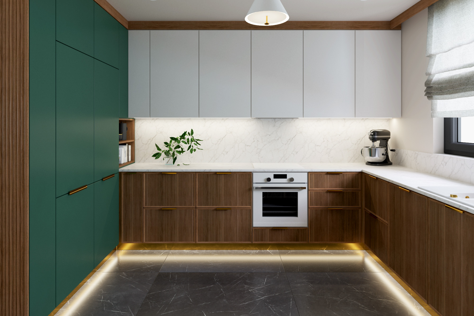 Nowoczesna kuchnia z ciemnozielonymi szafkami, drewnianymi frontami i marmurowym blatem, oświetlona listwami LED pod szafkami, z mikserem stojącym na blacie.