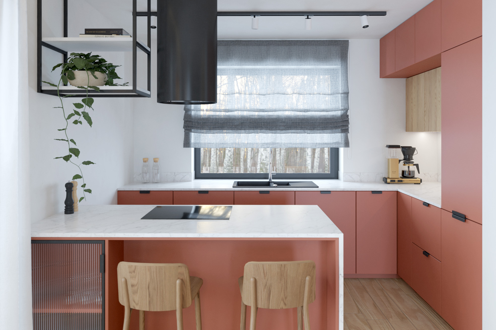 Nowoczesna kuchnia w odcieniach koralu z marmurowym blatem, drewnianymi krzesłami barowymi i minimalistycznym oświetleniem, okno z roletą rzymską z widokiem na las.
