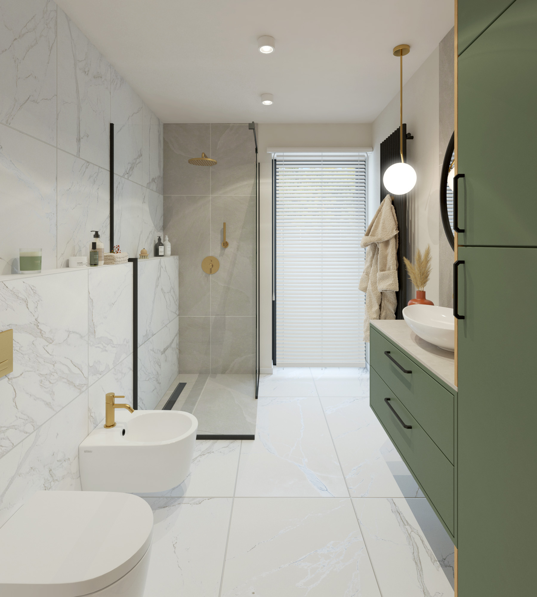 Wnętrze nowoczesnej łazienki z marmurowymi płytkami, kabiną prysznicową typu walk-in z czarnymi ramami, białym bidetem z baterią w kolorze złota, szafką umywalkową w kolorze oliwkowej zieleni...